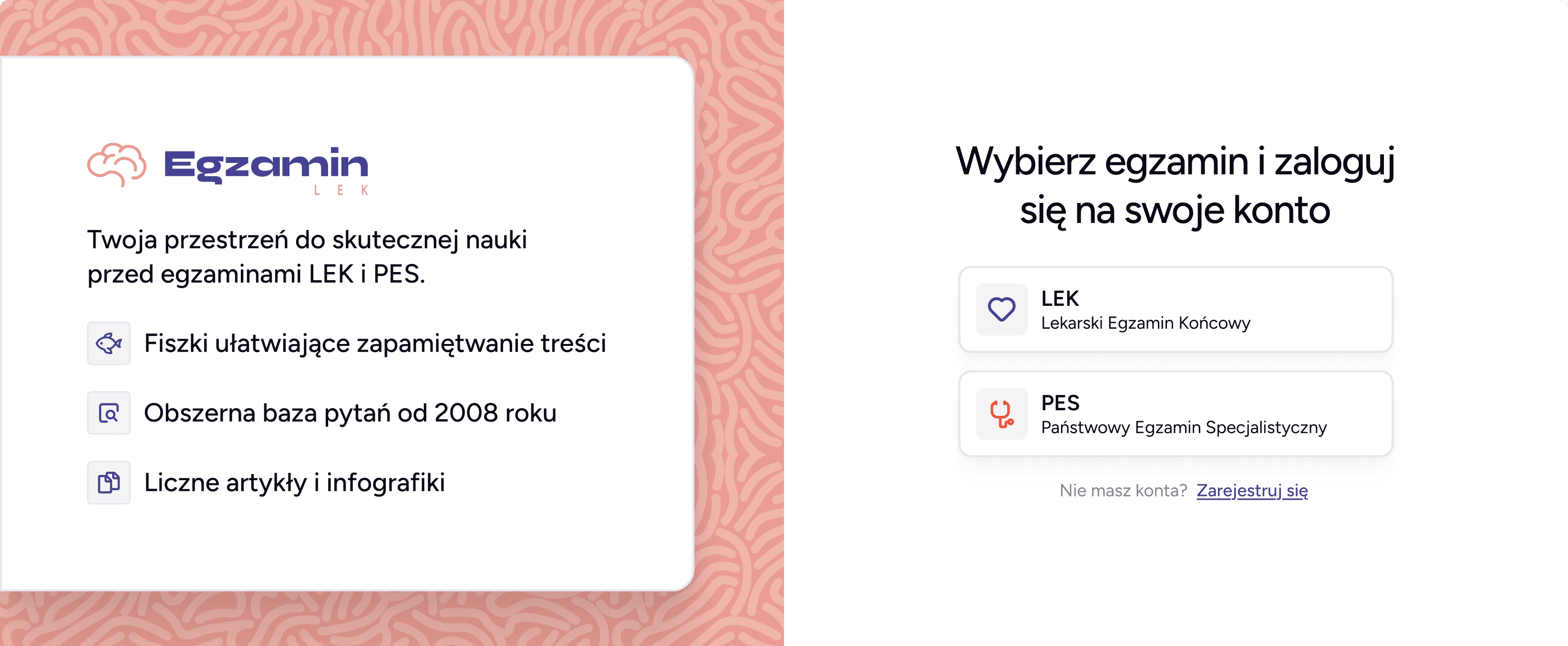 Ekran wyboru egzaminu i logowania w platformie